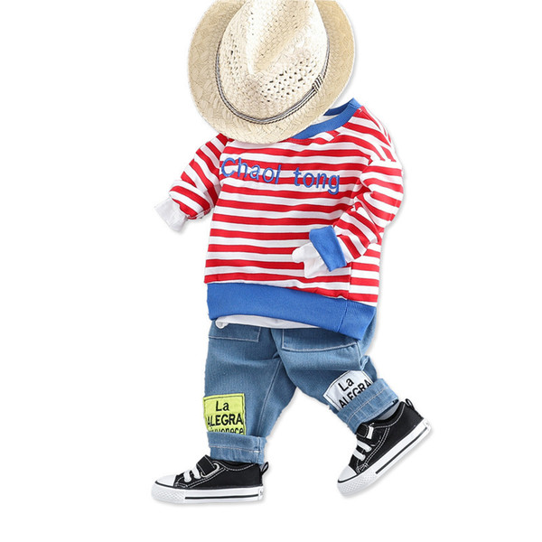 Spring Autumn Babys Boys Girls Clothes Infant Letter Stripe T Shirt Jeans 2pcs/sets Children Cotton Fashion Casual Sport Suit