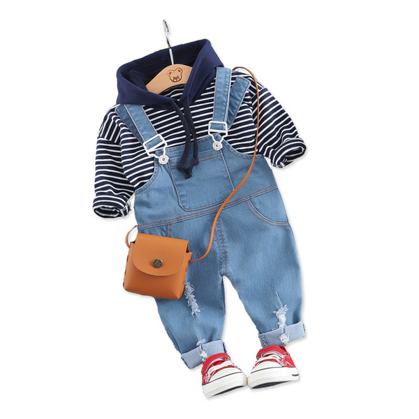 2019 Spring Autumn Baby Girls Boys Clothing Sets Toddler Infant Clothes Suits Stripe Hooded T Shirt Bib Pants Children Costume