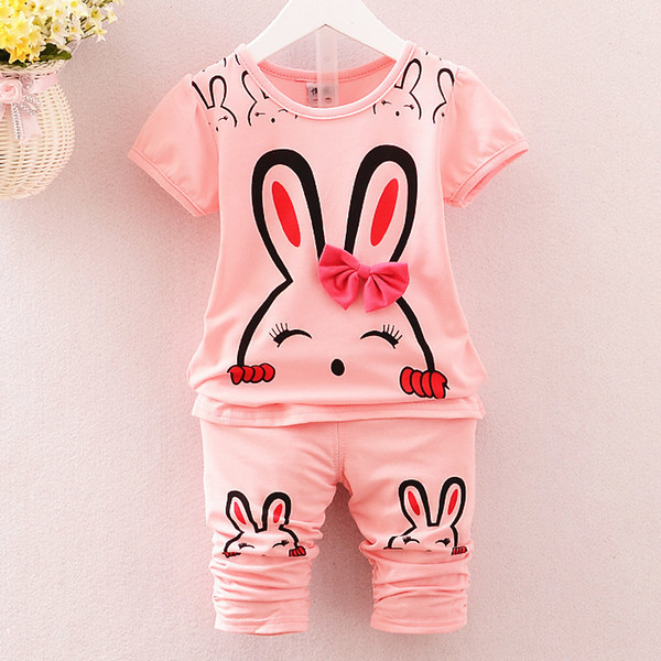 2018 New Fashion Summer Children Clothing Sets Kids Girl Outfits Cartoons Rabbit Short Sleeve Cotton Tops Skirt Suits Clothes