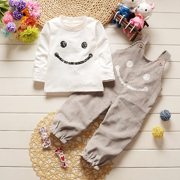 Kids 0-1-2 Year Pure Cotton Smiling Face T-shirt Straps Pants 2pcs Toddler Tracksuit Fashion Children Boys Girls Garment Clothes