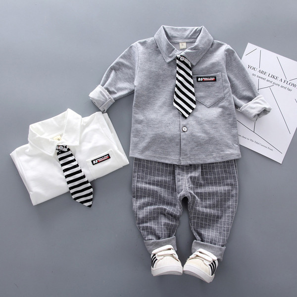 Spring Autumn Baby Boy Girl Cotton Clothing Formal Infant Gentleman Tie Shirt Pants 2Pcs/Set Kids Clothes Children Leisure Suits