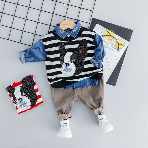 Spring Autumn Baby Boys Girls Clothing Infant Clothes Suits Stripe Cartoon Vest Lapel Shirt Pants 3Pcs/Sets Kid Children Casual Costume