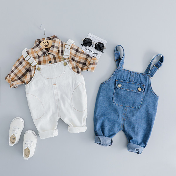 2019 Spring Baby Girl Boy Clothing Sets Infant Clothes Suits Lapel Plaid Shirt Leisure work Bib Pants 2Pcs Kid Children Costume