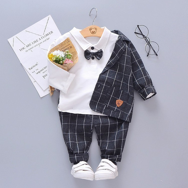 Children Tie Blazer Formal Cotton Gentleman Casual Clothing Spring Autumn Baby Boy Girl Jacket T-shirt Pants 3pcs/set Infant Set