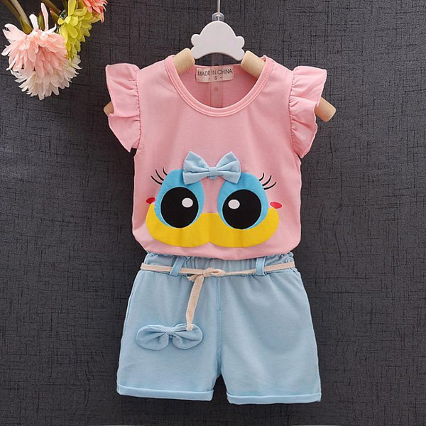 Fashion Brand Summer Infant Baby Girl Clothing Sport Lovely Long Eyelashes Toddler Girl Vest Pants Pure Cotton Suit Kids Clothes