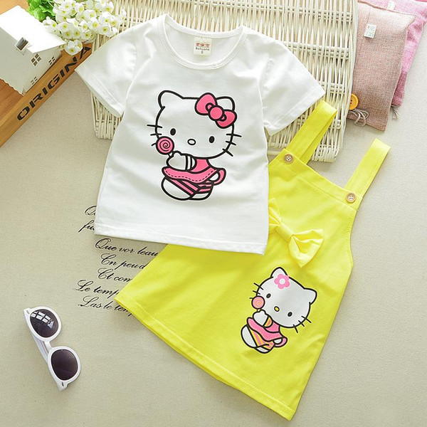 2018 Summer Toddler Cartoon Cat Cotton Pattern Girls Short Sleeve Straps Skirt Paper Set Children Product Baby Top Suit For 0-4Y