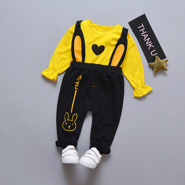 2018 New Spring Baby Girls Clothes Sets Female Cotton Long Sleeve Love T Shirt Cartoon Rabbit Bib Pants 2pcs Children Kids Suits