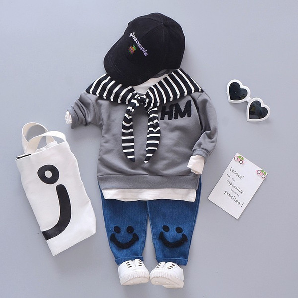 Spring Autumn Baby Cotton Clothing Sets Fashion Children Girls Boys Fake Scarf T-shirt Jeans 2 Pcs/Sets Kid Casual Tracksuits