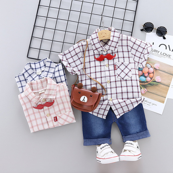 Summer Fashion Children Boys Clothes Kids Gentleman Beard Tie Plaid Short Sleeve 2Pcs/Sets Toddler Leisure Suits Baby Tracksuits