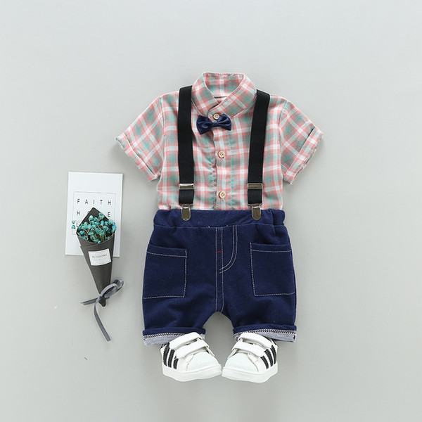 Summer Children Boy Girl Clothes Kids Plaid Shirt Sleeve Strap Shorts 2pcs/Set Toddler Fashion Clothing Cotton Infant Tracksuits