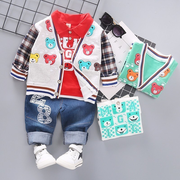 Spring Infant Clothing Girls Boys Casual Clothes Baby Cartoon Jacket T-shirt Jeans 3pcs/set Children Fashion Leisure Cotton Suit