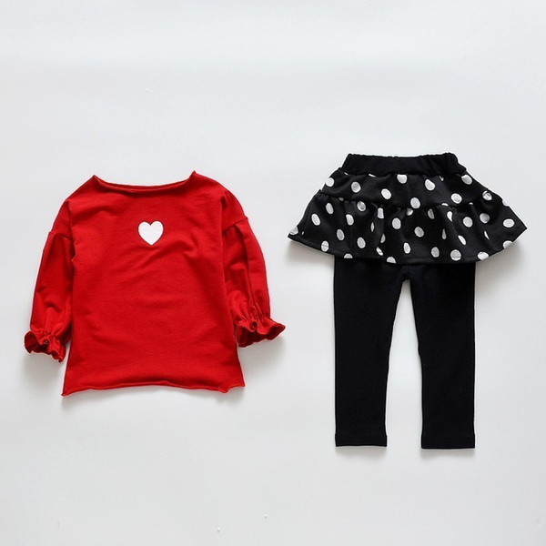 Toddler Girls Cotton Clothing Suits Baby Full Sleeve Love Print T-shirt Dot Culottes 2pcs/sets Spring Summer Children Outfits