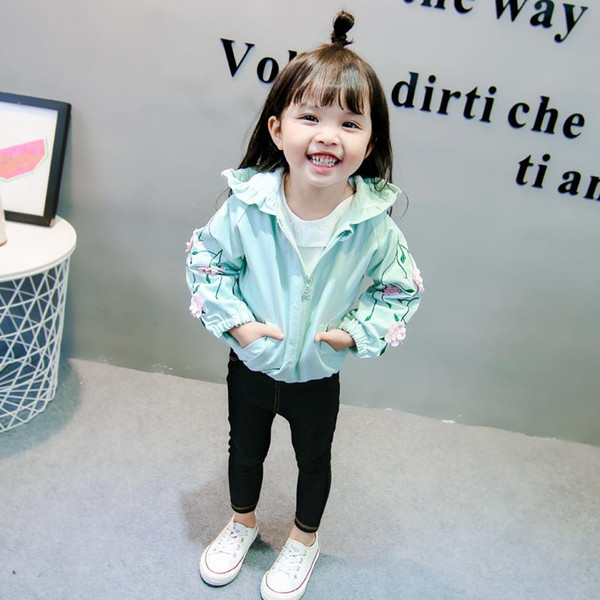 2018 New Girl Spring Autumn Clothes Fashion embroidery flower Zipper Hooded Cardigan Cotton Windbreaker Loose Kids Casual Jacket