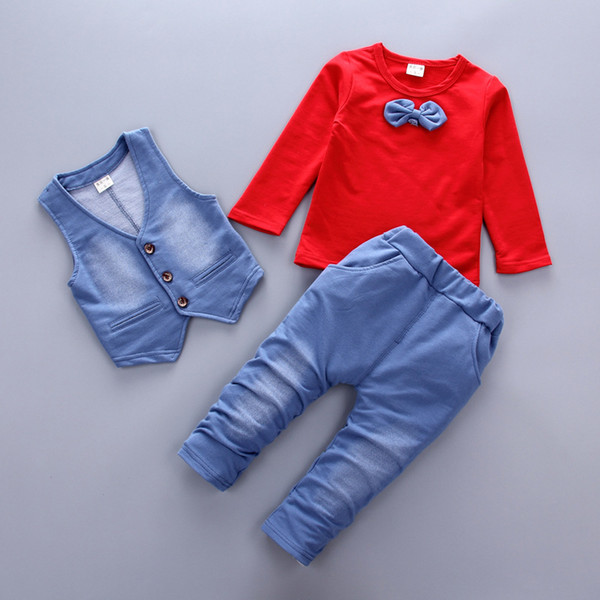 2018 New Fashion Children Set Spring Vest T-shirt Pants 3 Boy Toddler Clothes Suits Cotton Gentleman Waistcoat Jeans Tracksuits