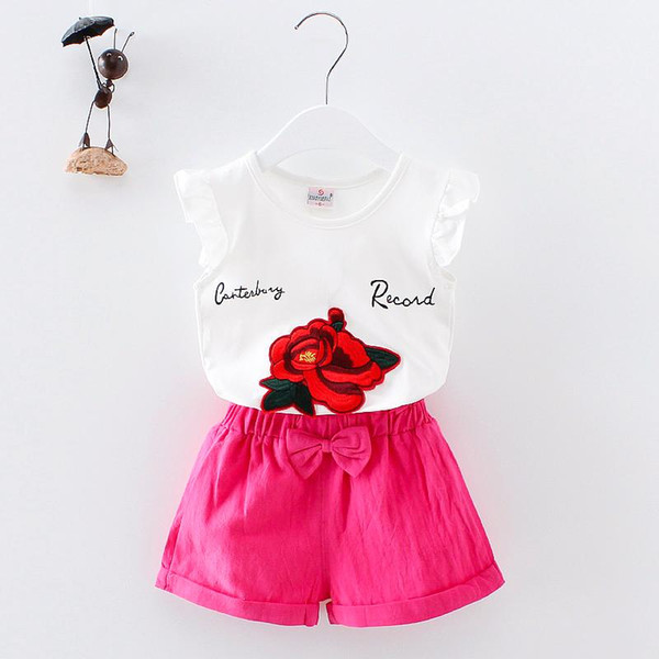 2018 Summer Children Girls Clothes Sets Kids 2pcs Rose Flower Sleeves T-Shirt Shorts Toddler Child Clothing Leisure Sport Suits