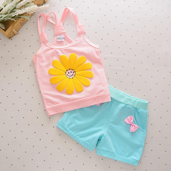 Fashion Baby Cotton Clothing Outfit Children Girls Vest Short 2Pcs/sets 2018 Summer Infant Kids Flower Sling T-shirt Tracksuits