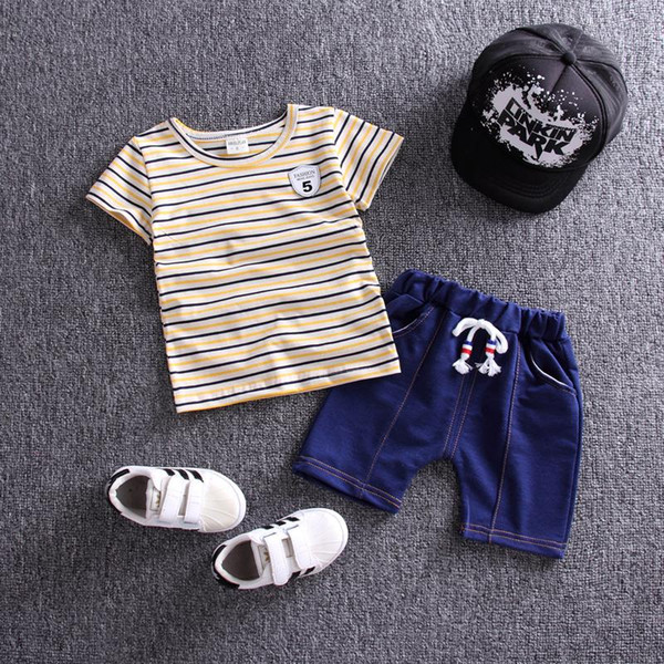 2018 New Children Clothing Kids Casual Striped Cotton T-shirt Denim Shorts 2Pcs/set Boys Fashion Summer Sets For 0-4 Years