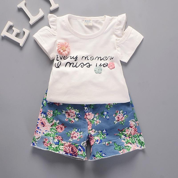 2018 New Summer Children Girls Clothes Sets Kids 2pcs Sleeves T-Shirt Floral Shorts Toddler Child Clothing Leisure Sport Suits