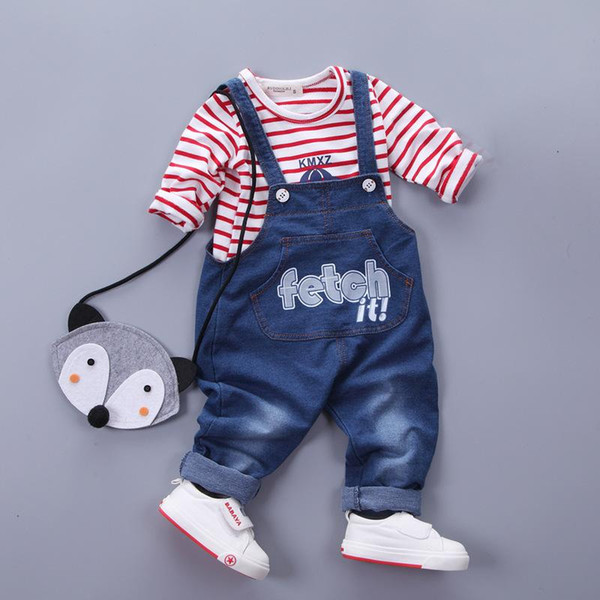 2018 Spring Autumn New Children's Clothing Baby Boys Long Sleeve Cotton Stripe T Shirt Denim Overalls Kids Suit Infant Clothes