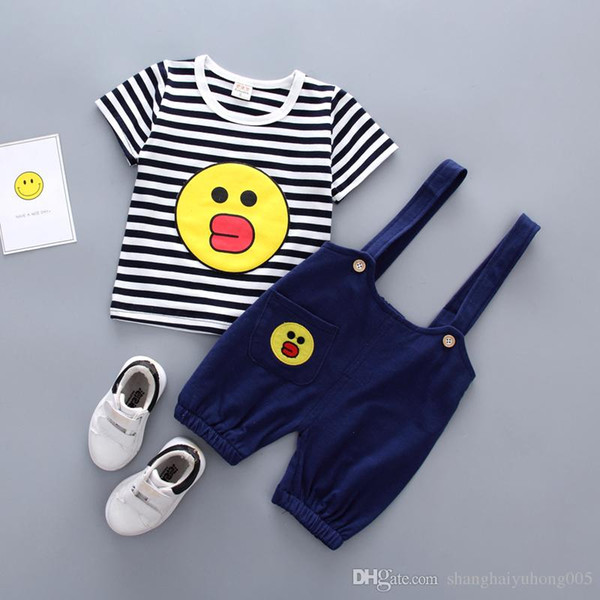 Fashion 2018 Summer Baby Boys Girls Clothing Sets Infant Cotton Clothes Stripe Cartoon T Shirt Suspender Shorts Children Suits