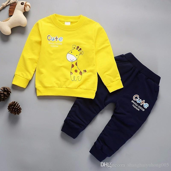 Spring Autumn Children Boys Girls Cartoon Giraffe Clothes Baby Pure Cotton T-shirt Pants 2 Pcs Sets Toddler Fashion Tracksuits