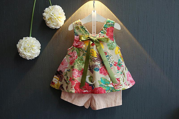 2018 New Children's Girls Summer Floral Printed Sleeveless Baby Vest dress Tops Shorts Sets For 0-4Y Kids Clothes Outfit Suits