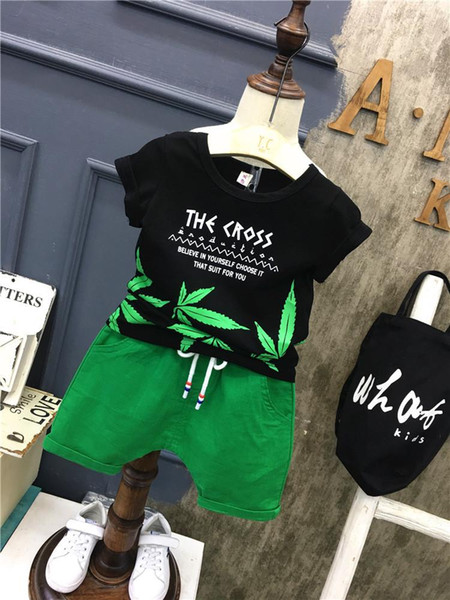 2018 New Summer Children Boy Clothes Sets Kids 2pcs Leaf Short Sleeves T-Shirt Toddler Child Clothing Leisure Sport Suits