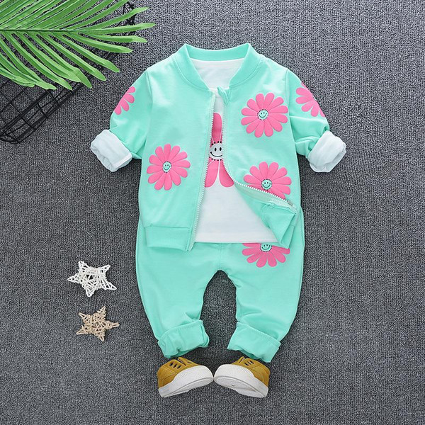 2018 Spring Autumn Children Girls Fashion Clothes Baby Smile Face Jacket T-shirt Pants 3Pcs/sets Cool Infant Outfits For 1-4 Yrs