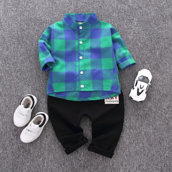 2018 New Autumn Spring Fashion Kids Gentleman Suit Boy Clothes Long-sleeve Cotton Plaid Shirt Pants 2Pcs Casual Clothing Set