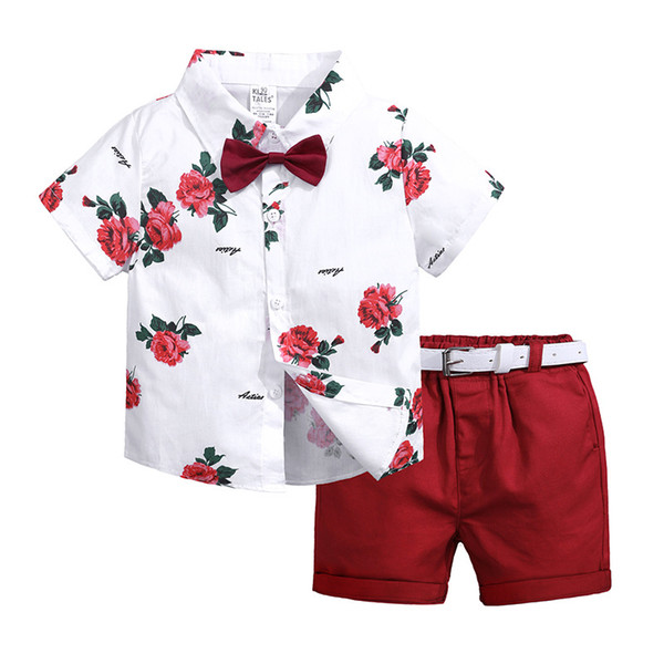 Hooyi Boys Gentleman Suit Flower Printed Rose Shirt Bowtie Botton Down Top Solid Bermuda Shorts with Belt Kids Boys Summer Outfit Set