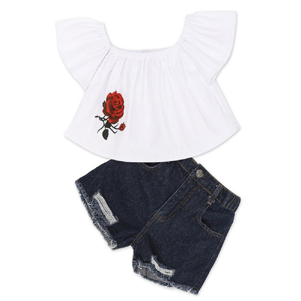 Hooyi Toddler Girls Clothes Set Fashion One Shoulder T-shirt Flower Rose Ruffle Tube Top Short Jeans Ripped Denim Pants Kids Summer Outfit