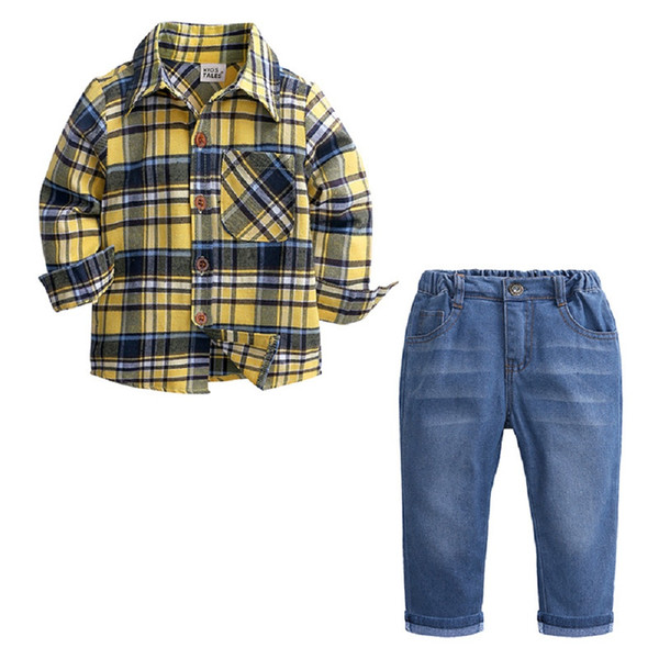 Hooyi Children 2Pcs Plaid Shirt Jeans Pant Boy Gentleman Long Sleeve Clothes Set Kids Toddler Casual Outfits Tracksuits