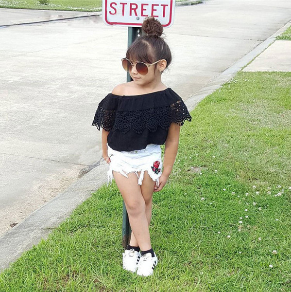 Hooyi Summer Clothes Set For Kids Girls Off Shoulder Shirt Lace Ruffle Top White Ripped Short Jeans Denim Shorts Rose Printing Outfits