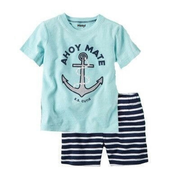 Anchor Baby Boy Clothes Suit Blue T-Shirts Stripe Pants Summer Boys Outfits Sailor AHOY MATE Cotton Bodysuit Sets Tops 0-2 Year 60sets/lot