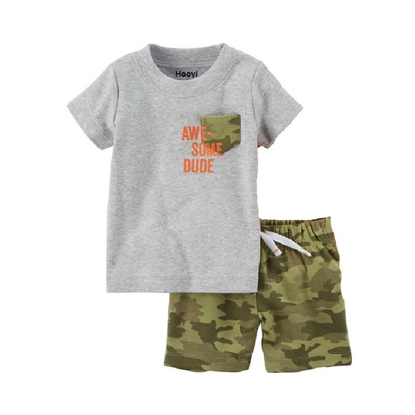 Awesome Dude Little Boy Clothes Suit Tee Shirts + Camouflage Short Pants 2PCS Sets Grey Camo Outfits Kiddie's Cotton Sets Tops Jumpsuits