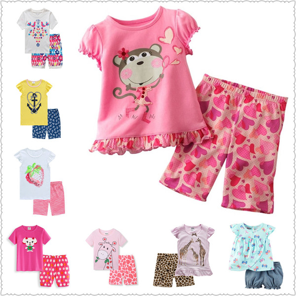 Summer Girls Clothes Suit Pink Monkey Outfits Children Blouse Pants 2-Pieces Set Baby Girl Pajamas T-Shirt Tops Trouser Cotton