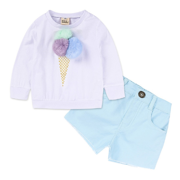 Hooyi Toddler Girls Ice Cream Cone Pompom Shirt Blue Denim Shorts Pants Trousers Girls Summer Fashion Clothing Set Cartoon Sweatshirt