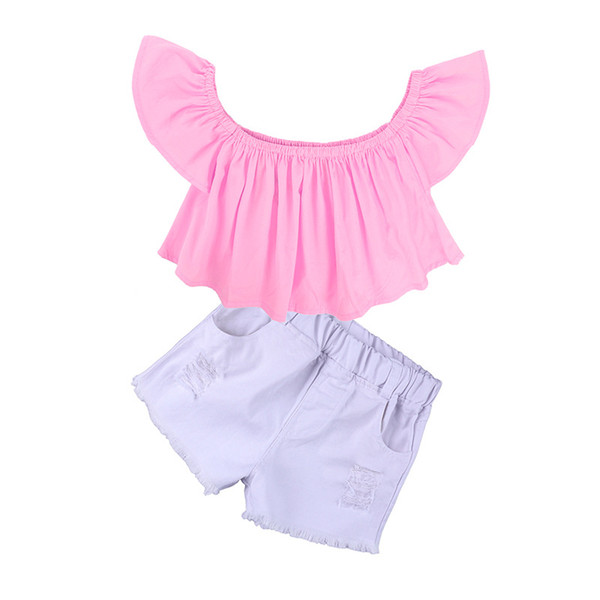 Hooyi Summer Clothes Set for Toddler Girls Off Shoulder Top Shirt Ruffle Pink T-Shirt White Ripped Short Jeans Fashion Denim Pants Outfit