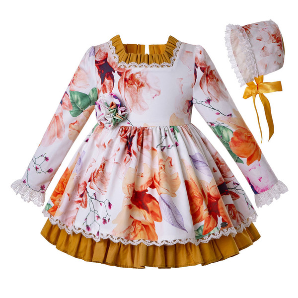 Pettigirl Autumn Flower Print Baby Girl Dresses With Bonnet Pleated Hem Party Dress For Girls Children Clothing Set G-DMCS206-153