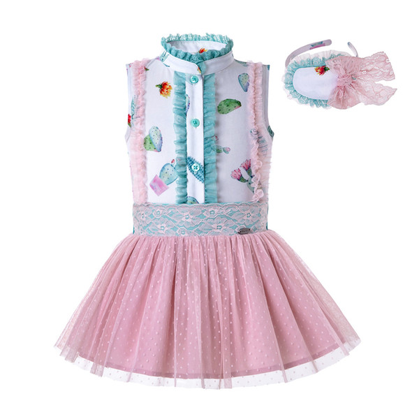 Pettigirl New Girls Summer Clothing Set White Plant Printed Vest And Pink TulleSkirt With Headwear Kids Clothing G-DMCS204-83