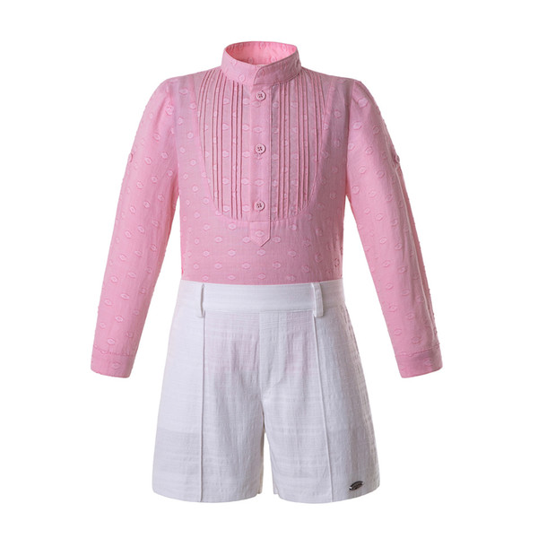 Pettigirl Summer Children Boy Clothing Sets Stand Collar Dot Pleated Pink Shirt+White Shorts Designer Kids Clothes Boy B-DMCS201-B506