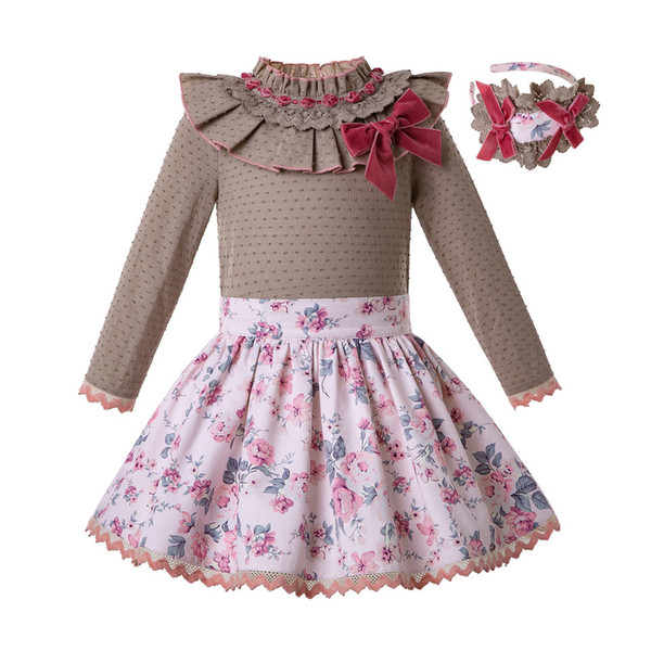 Pettigirl Autumn Girls Out Brown Dot Blouse + Flower Print Skirt Girl Clothing Set+Headband With Bow Children Clothing G-DMCS206-156