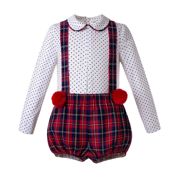 Pettigirl Fashion Christmas Boys Clothing Set Long Sleeves Blue Dot White Shirt+Red Grid Shorts With Suspender Kids Outfits Fall Boy Clothes