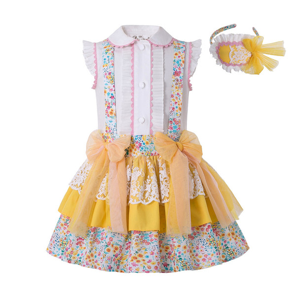 Pettigirl Easter Yellow Girl Clothing Set Flower Print Tulle Bow Holiday Girls Outfits Kids Boutique Clothing +Headwear G-DMCS204-99