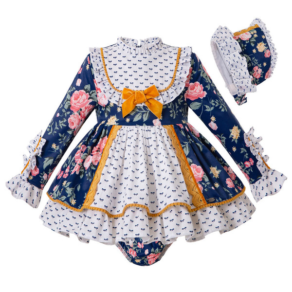 Pettigirl Newest Royal Blue Flower and Bow Print Baby Outfits Dress + PP Pants+Bonnet Girl Princess Party Kids Set G-DMCS207-203