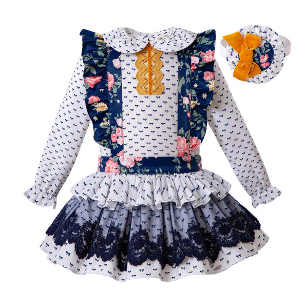 Pettigirl Flower Baby Girls Outfit With Headwear Party Girl Clothing Set White Shirt+Suspender Skirt Kids Wear G-DMCS207-204