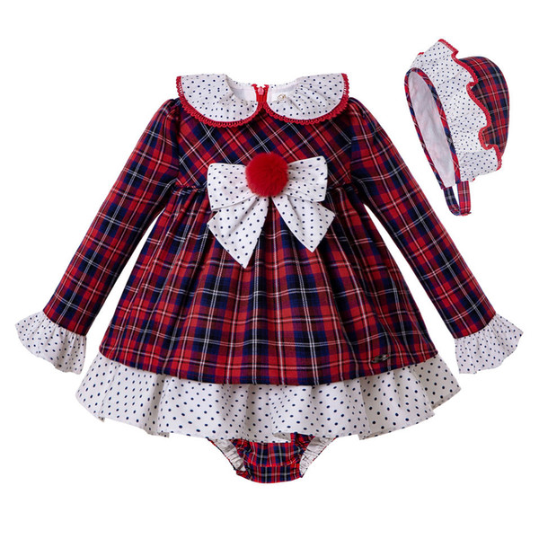 Pettigirl Autumn Christmas Kids Outfits Baby Girl Red Grid Dress+PP Pants+Bonnet Girls Princess Party Costumes Blue Dot Children Clothes Set