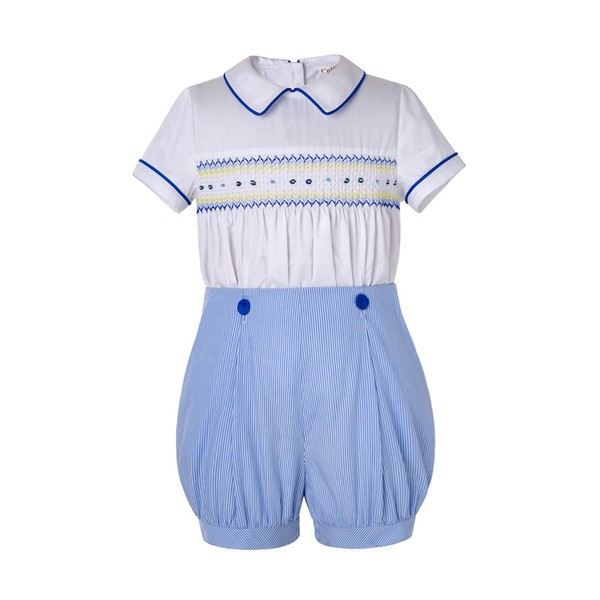 Pettigirl Blue Summer Stripe Baby Boy Smocked Outfits With Flower White T-shirt and Blue Shorts Boys Smocked Clothing B-DMCS204-A291