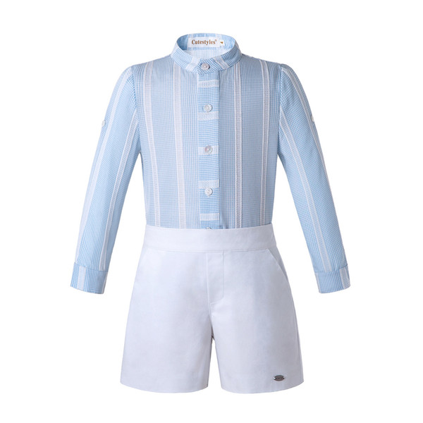 Pettigirl Blue Boys Clothing Set Stand Collar With Pleated Shirt And White Shorts Kids Clothes B-DMCS203-C179