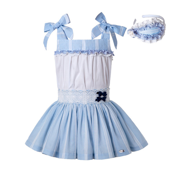 Pettigirl New Summer Girls Outfits Sky Blue Princess Dresses Ruffle Vest Skirt Headband For Girls With Bow Kids Clothing G-DMCS203-C183